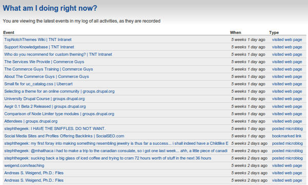 Web browsing activity log